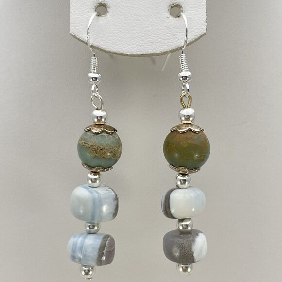 Sterling Silver Plated Jasper Stone Blue Opal Beaded Dangle Earrings Boho Unique - Picture 1 of 6